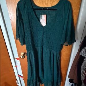 Women's Dark Teal/Green Smocked Flutter-Sleeve Dress